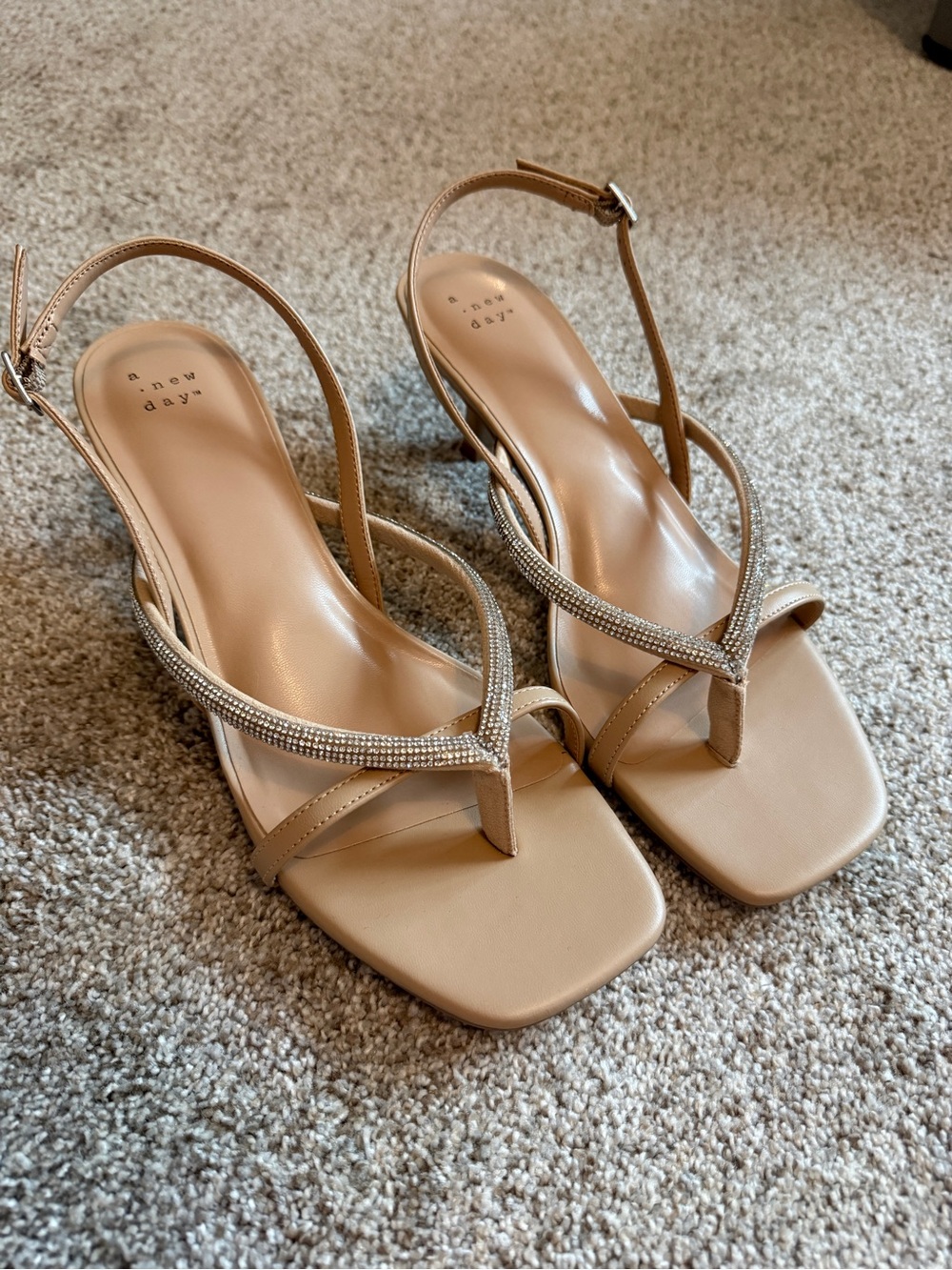 a new day Beige Rhinestone T-Strap Slingback Sandals